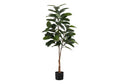 A tall artificial rubber tree with dark green leaves and a textured brown trunk in a simple black pot.