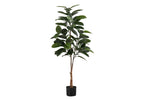 A tall artificial rubber tree with dark green leaves and a textured brown trunk in a simple black pot.