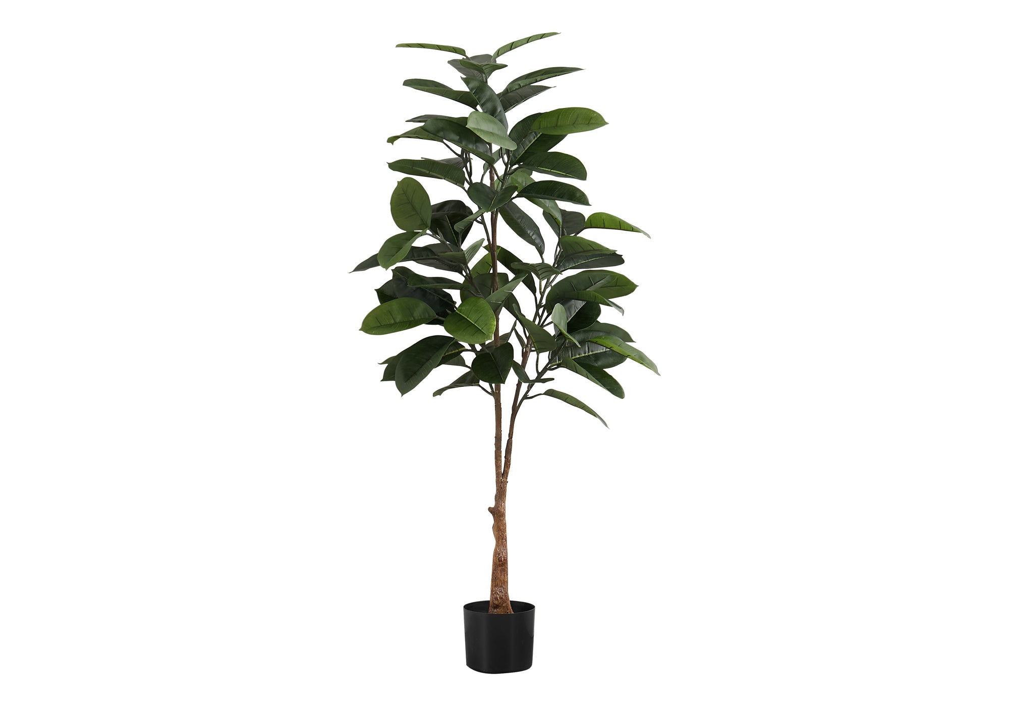 A tall artificial rubber tree with dark green leaves and a textured brown trunk in a simple black pot.