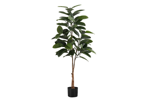 A tall artificial rubber tree with dark green leaves and a textured brown trunk in a simple black pot.