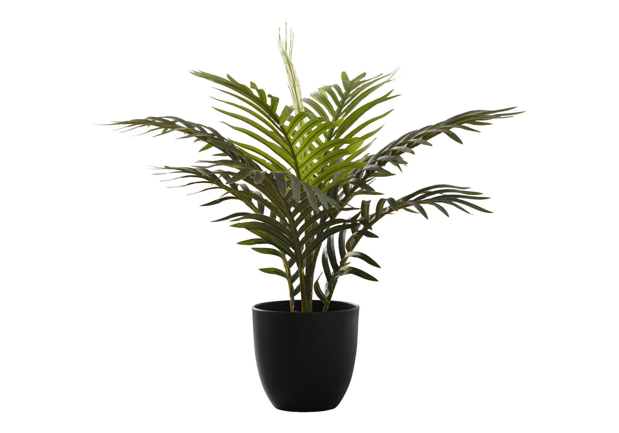Artificial areca palm plant with lush green fronds in a simple black pot, isolated on a white background.