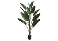 Tall artificial Bird of Paradise plant with large, sculptural green leaves in a simple black pot.