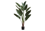 Tall artificial Bird of Paradise plant with large, sculptural green leaves in a simple black pot.