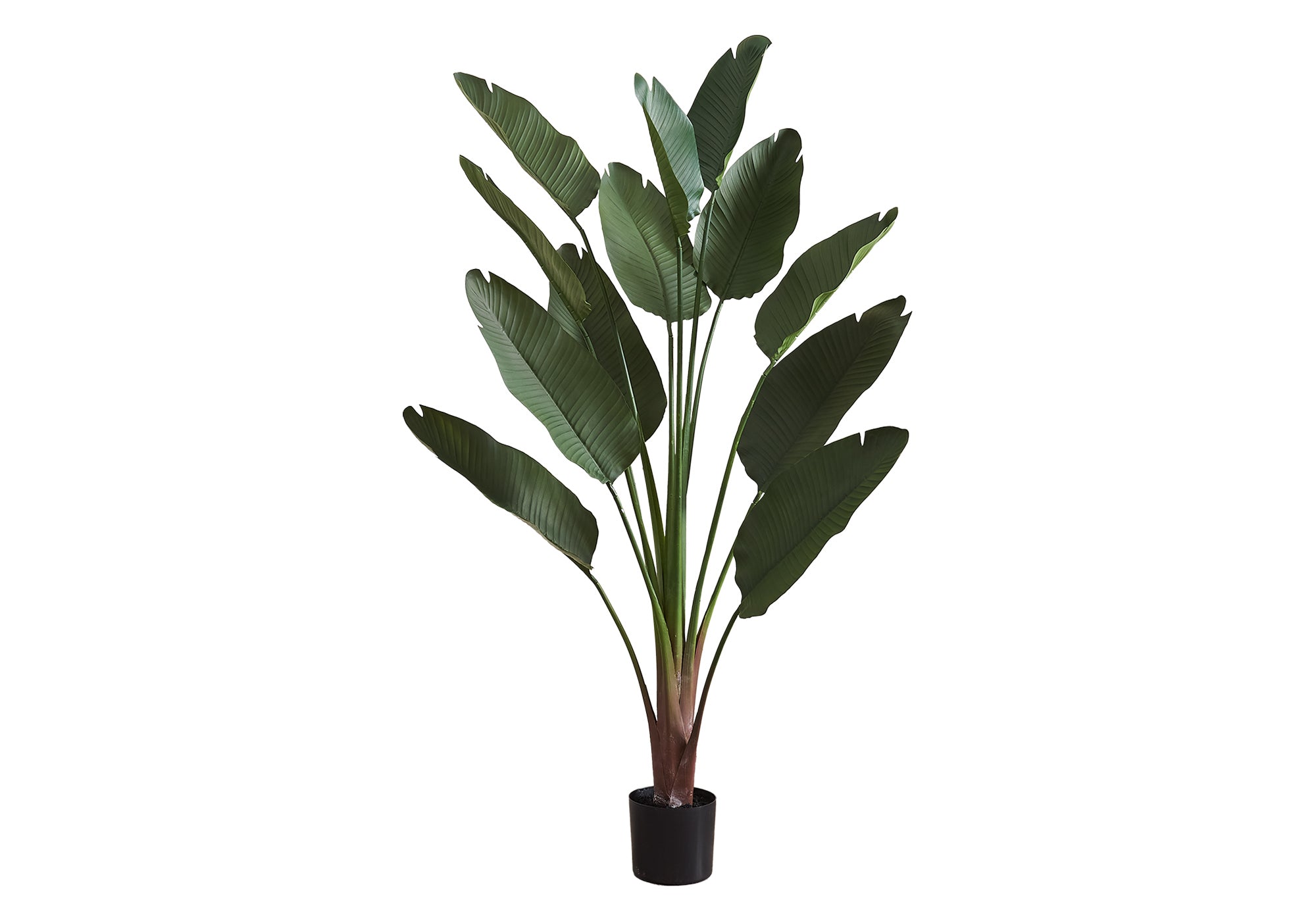 Tall artificial Bird of Paradise plant with large, sculptural green leaves in a simple black pot.