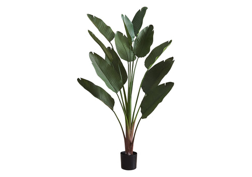 Tall artificial Bird of Paradise plant with large, sculptural green leaves in a simple black pot.