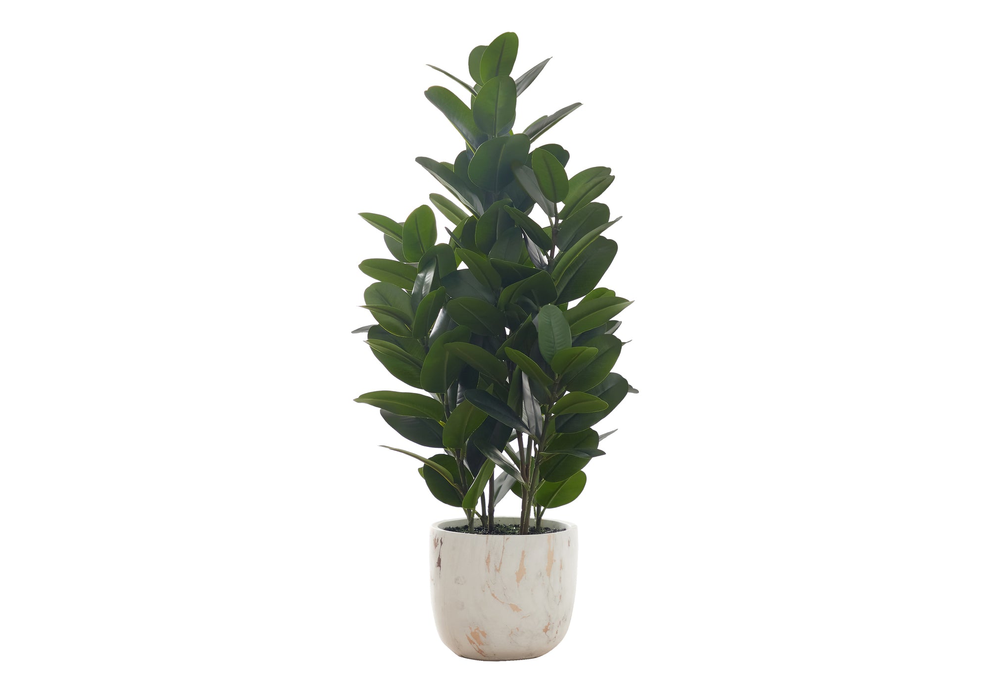 A medium-sized artificial Garcinia bush with dense, dark green leaves in a white and gold marbled planter.