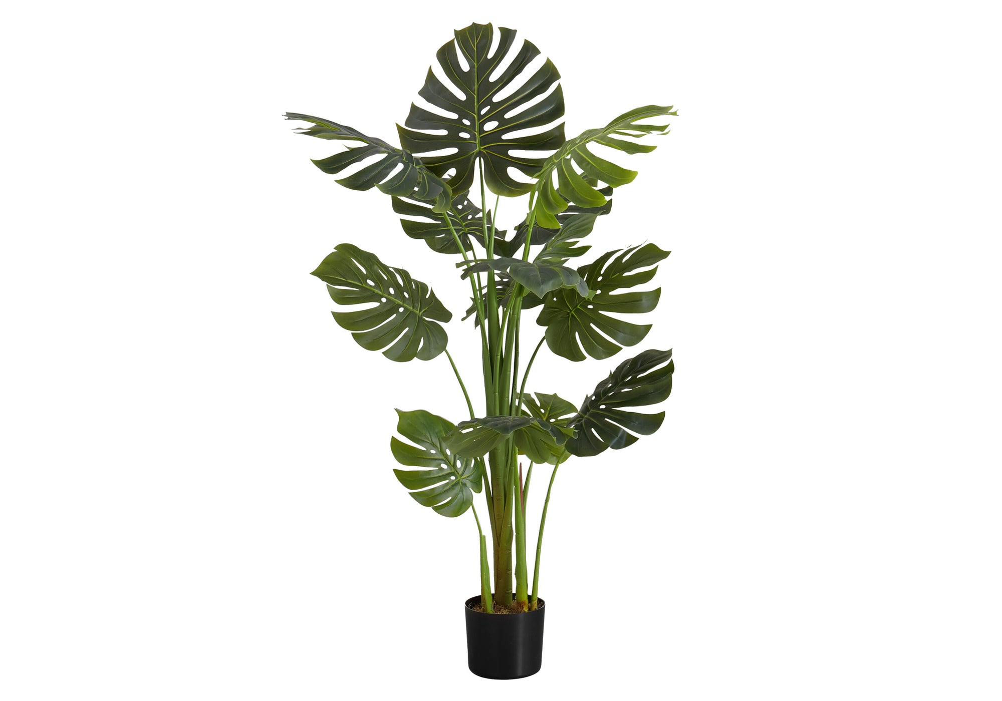 A tall artificial Monstera plant with large split green leaves in a black pot, isolated on a white background.