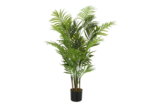 48 inch faux Areca Palm Tree with feathery green fronds in a black nursery pot