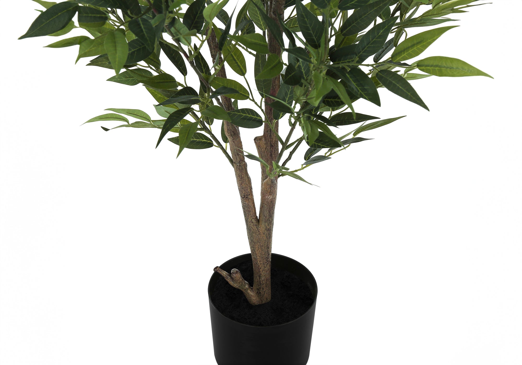 Black nursery pot base on the large faux acacia tree