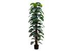 Tall artificial Monstera plant with numerous split leaves climbing a central moss pole in a black pot.