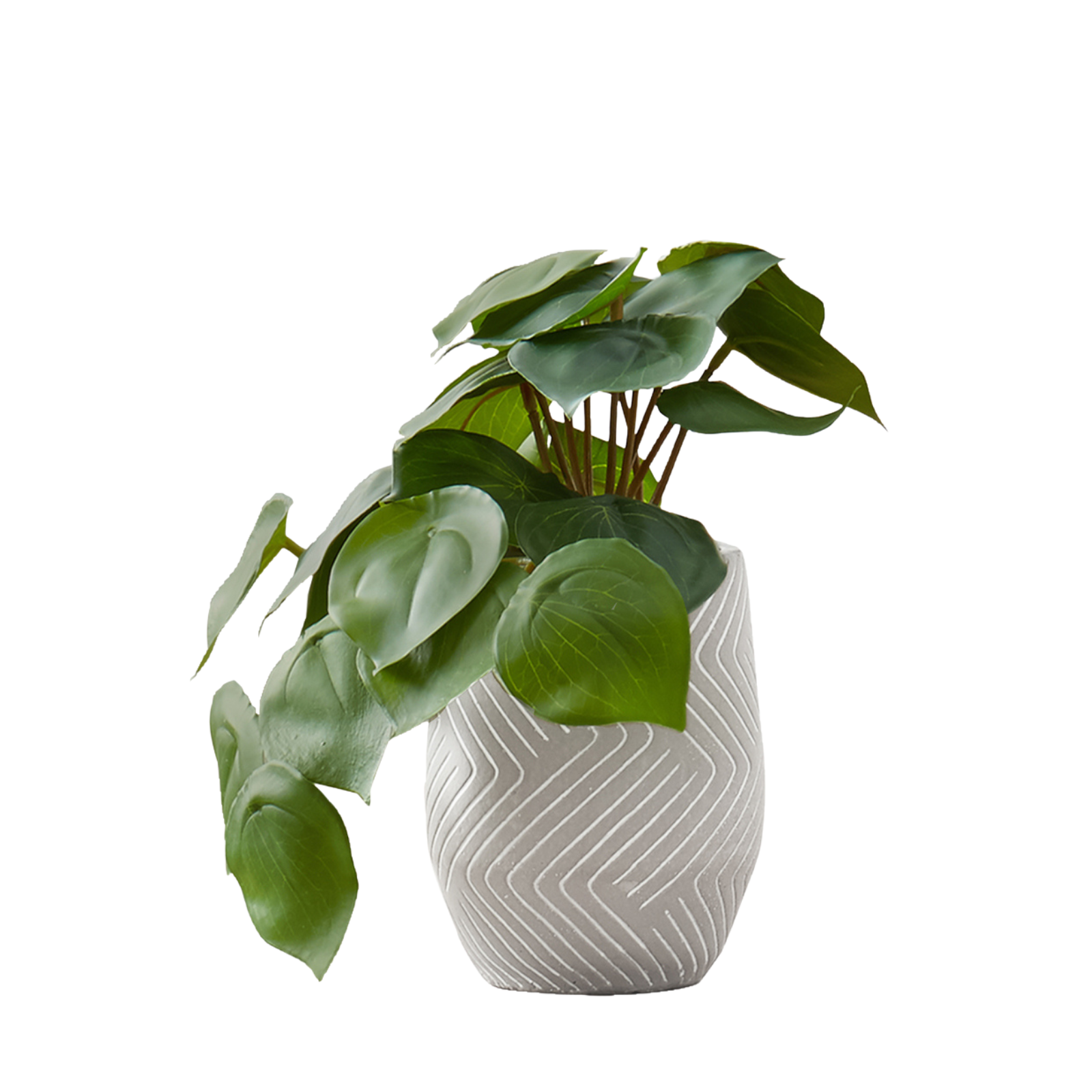 A small artificial plant with broad green leaves in a grey textured pot with a white chevron pattern.