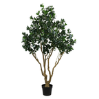 Artificial Ficus Moclame tree with dense green foliage and multiple trunks in a black pot.