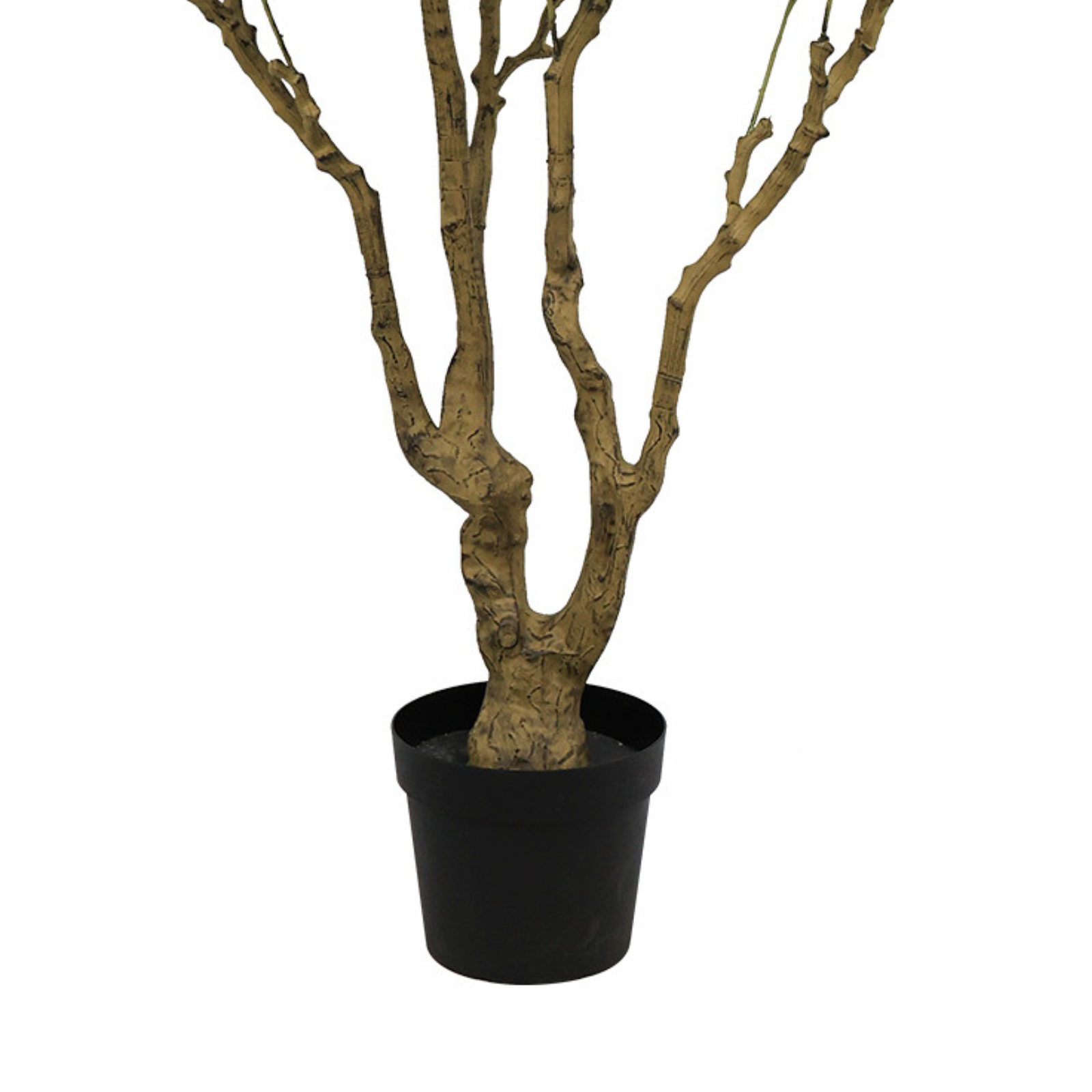 Close-up of the textured, light brown trunk of an artificial ficus tree standing in a simple black plastic pot.