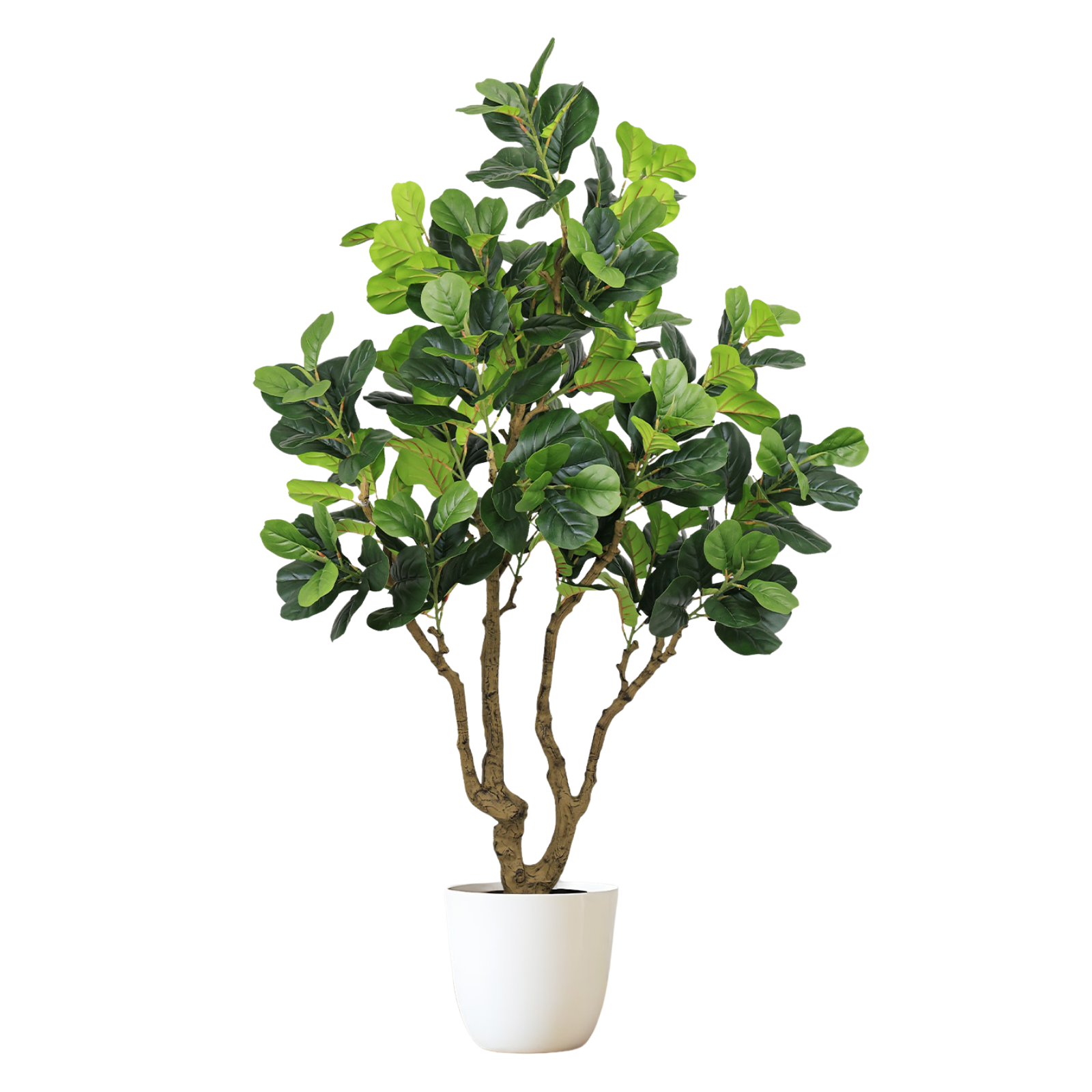 A tall artificial fiddle leaf fig tree with a multi-stemmed trunk in a simple white pot against a white background.