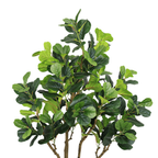 Artificial fiddle leaf fig tree with large, glossy green leaves and a sturdy brown trunk against a white background.