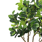 Close-up of the lush green leaves and textured brown branches of an artificial Fiddle Leaf Fig tree.