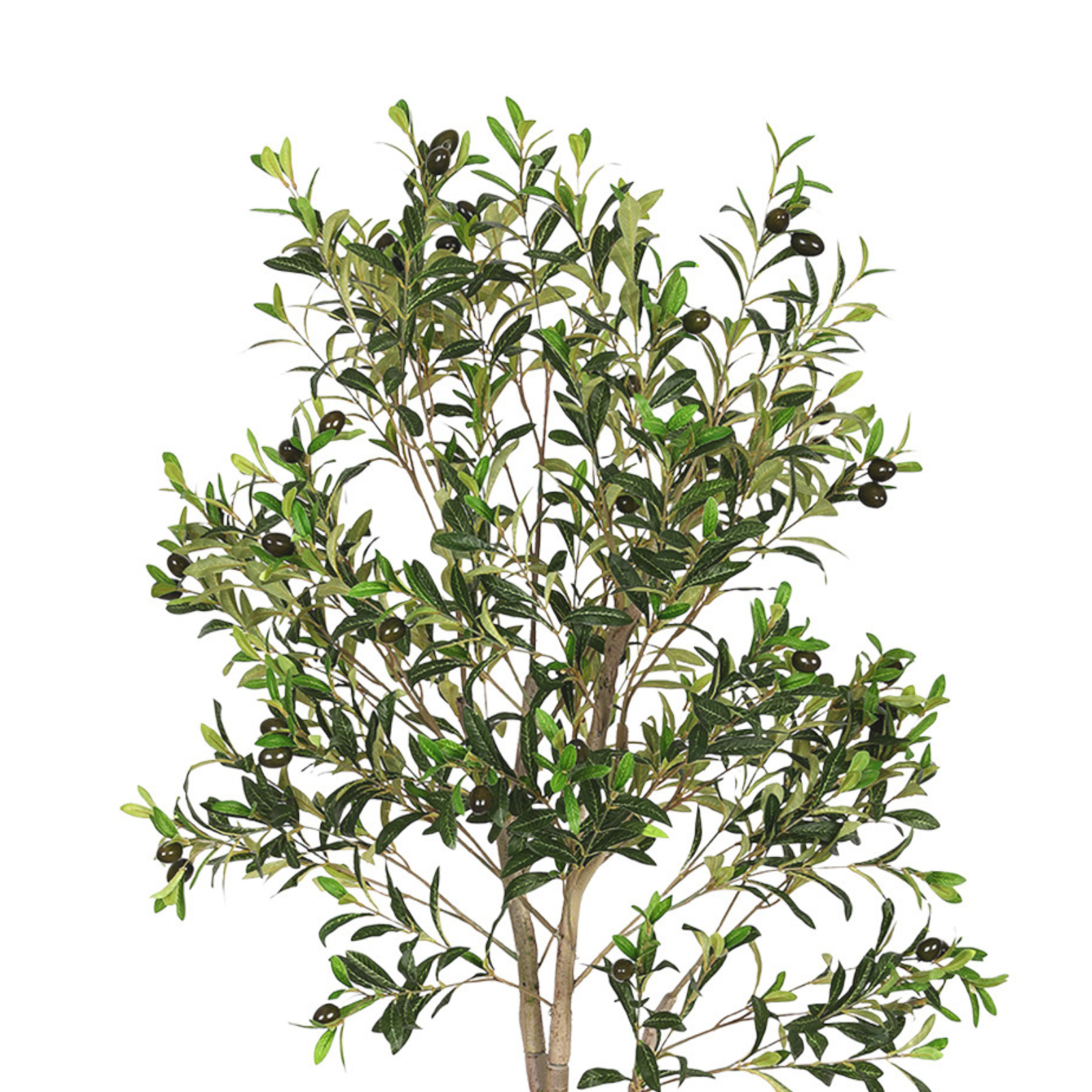 Artificial olive tree with green leaves and small dark olives against a white background.