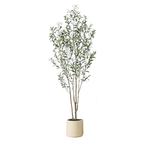 A tall artificial olive tree with slender branches and small green leaves in a simple beige cylindrical pot.