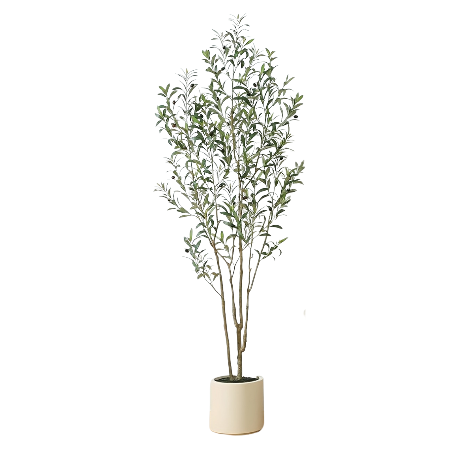A tall artificial olive tree with slender branches and small green leaves in a simple beige cylindrical pot.