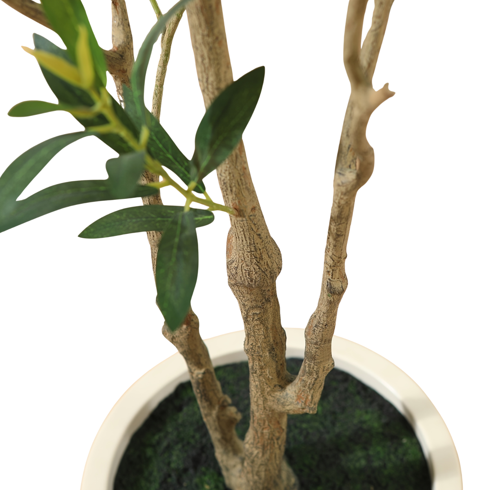Close-up of the textured faux trunks and green leaves of an artificial olive tree in a white pot.