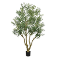 A tall artificial olive tree with green leaves and small black olives in a black pot against a white background.
