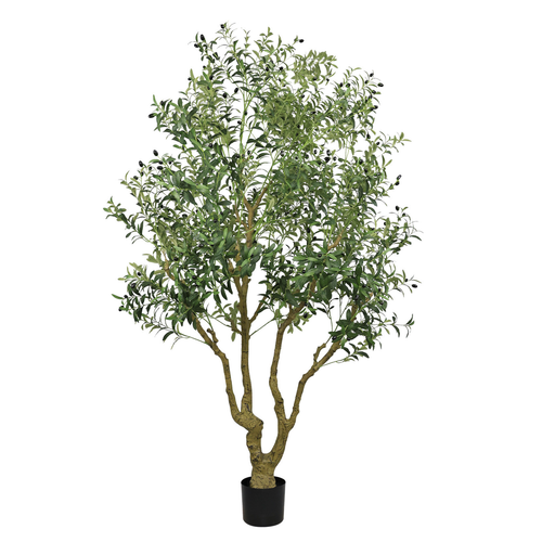 A tall artificial olive tree with green leaves and small black olives in a black pot against a white background.