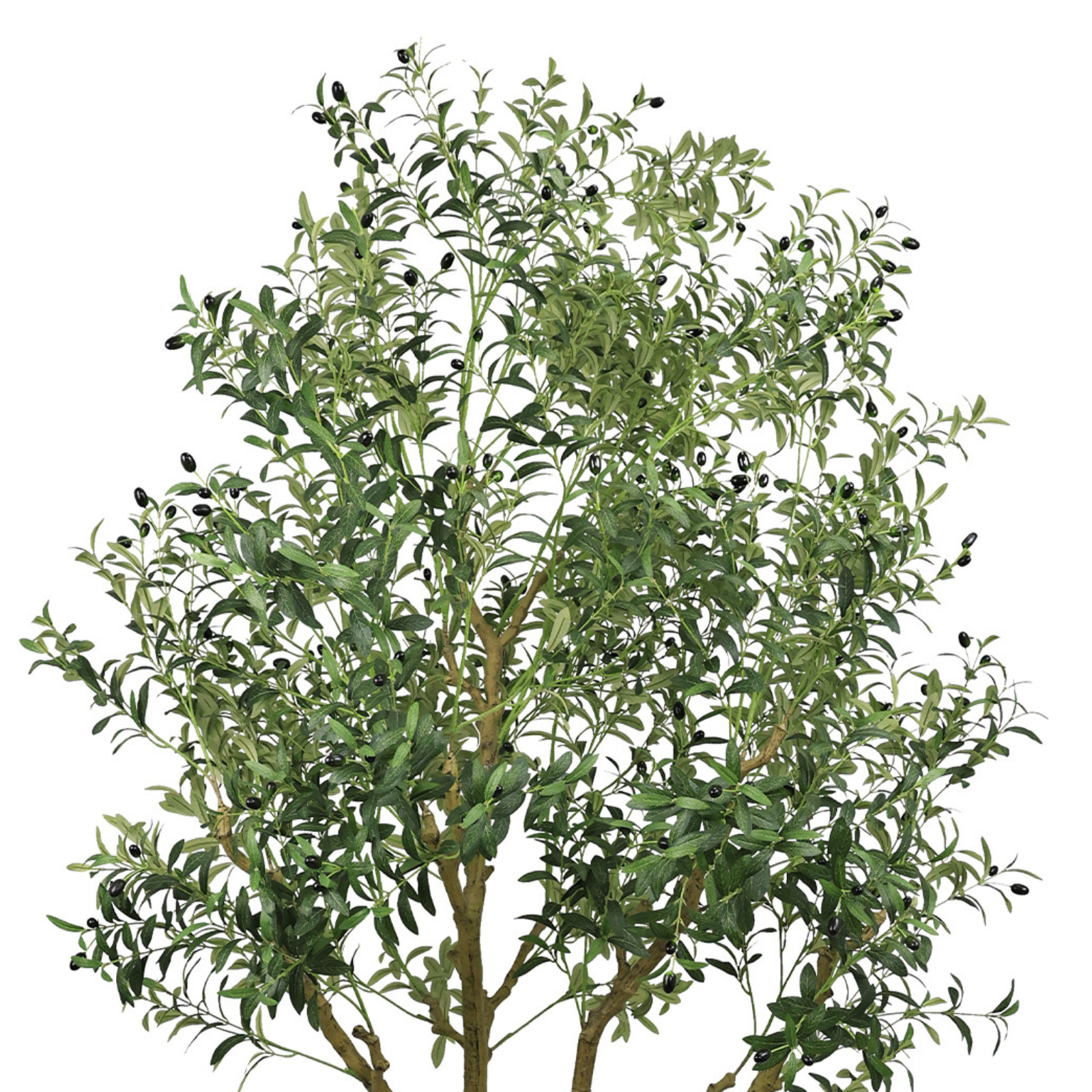A large artificial olive tree with green leaves and small black olives against a white background.