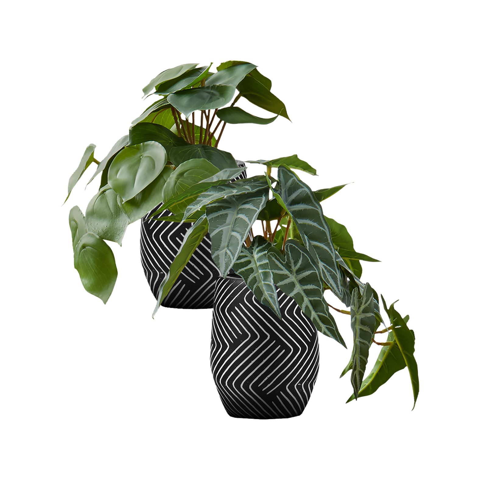 Two artificial plants in black pots with white geometric line patterns, featuring broad green leaves.