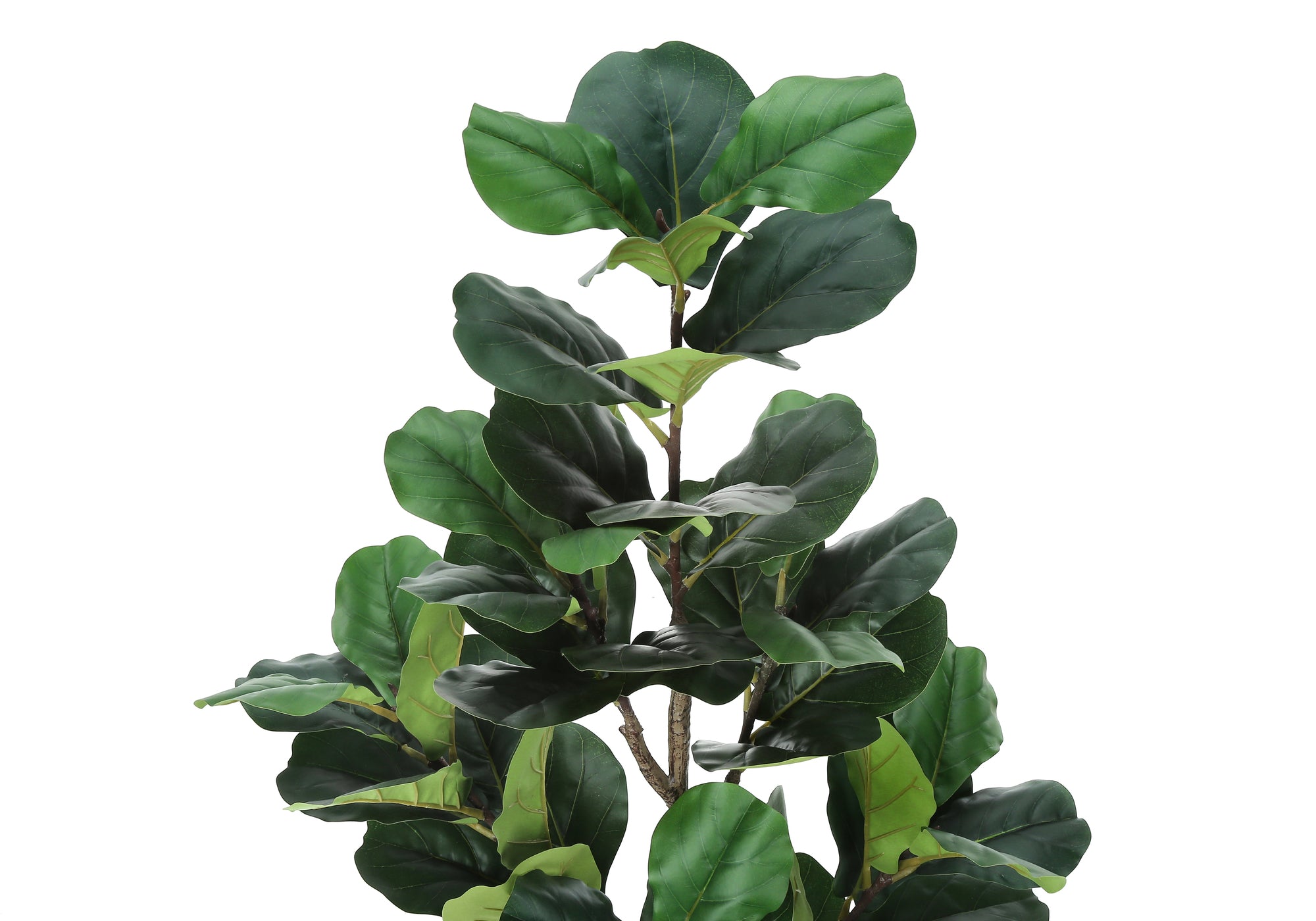 A tall artificial fiddle leaf fig bush with large, dark green, violin-shaped leaves on a textured brown stem.