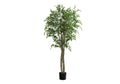 A tall artificial weeping fig tree with a braided trunk and lush green leaves in a simple black pot.