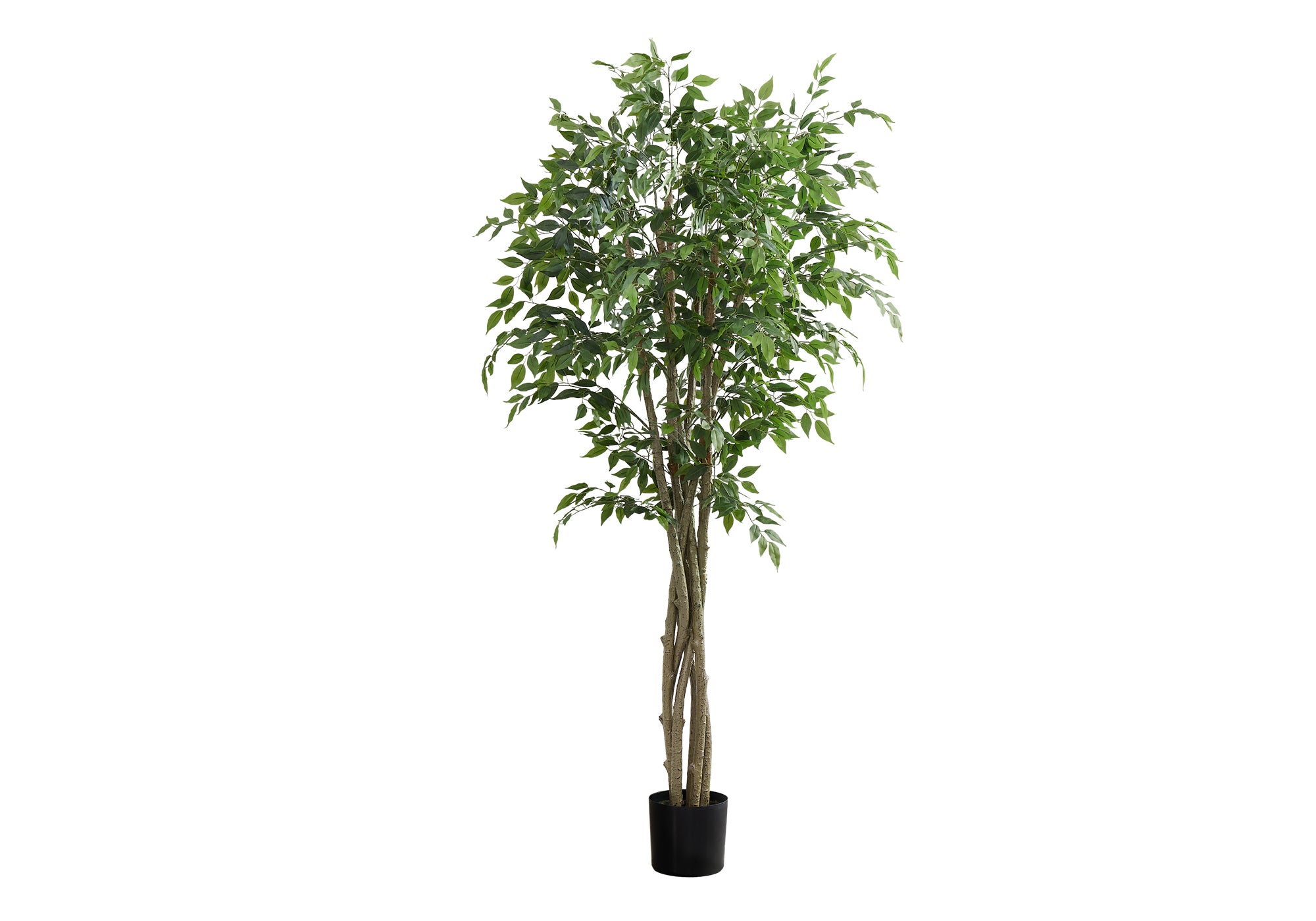 A tall artificial weeping fig tree with a braided trunk and lush green leaves in a simple black pot.
