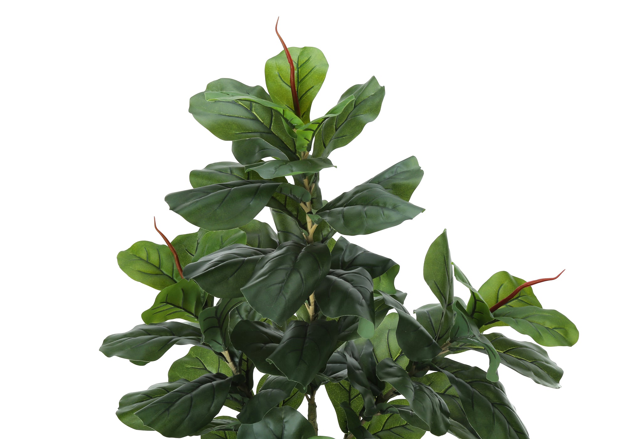 Close-up of an artificial Fiddle Leaf Fig tree featuring large, glossy green leaves and reddish new growth tips.