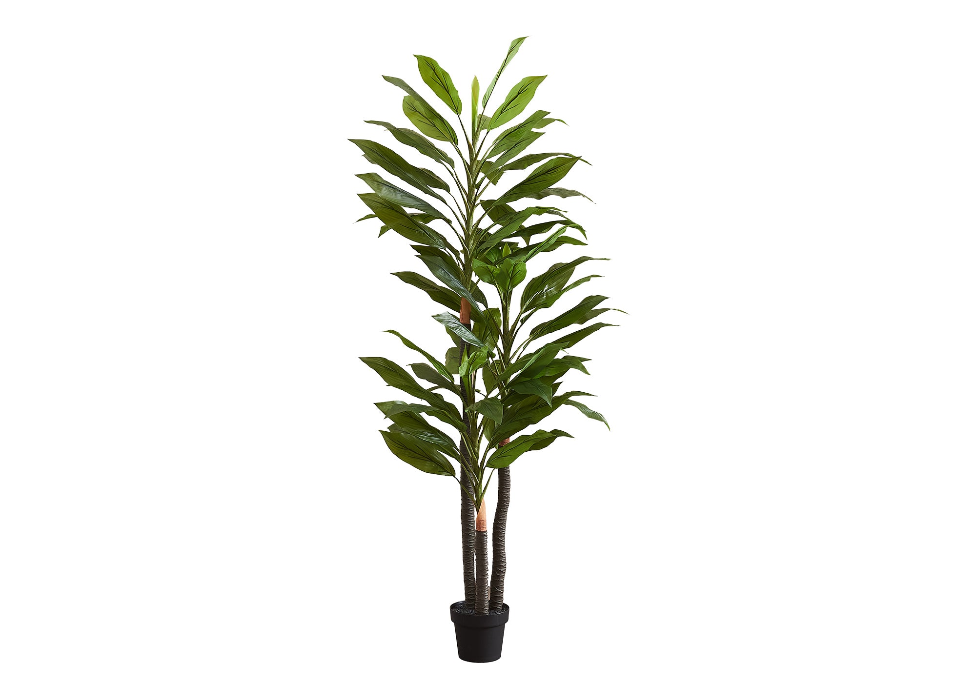 A tall artificial Dracaena tree with layered trunks and long green leaves in a simple black pot.