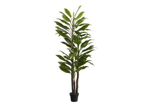 A tall artificial Dracaena tree with layered trunks and long green leaves in a simple black pot.