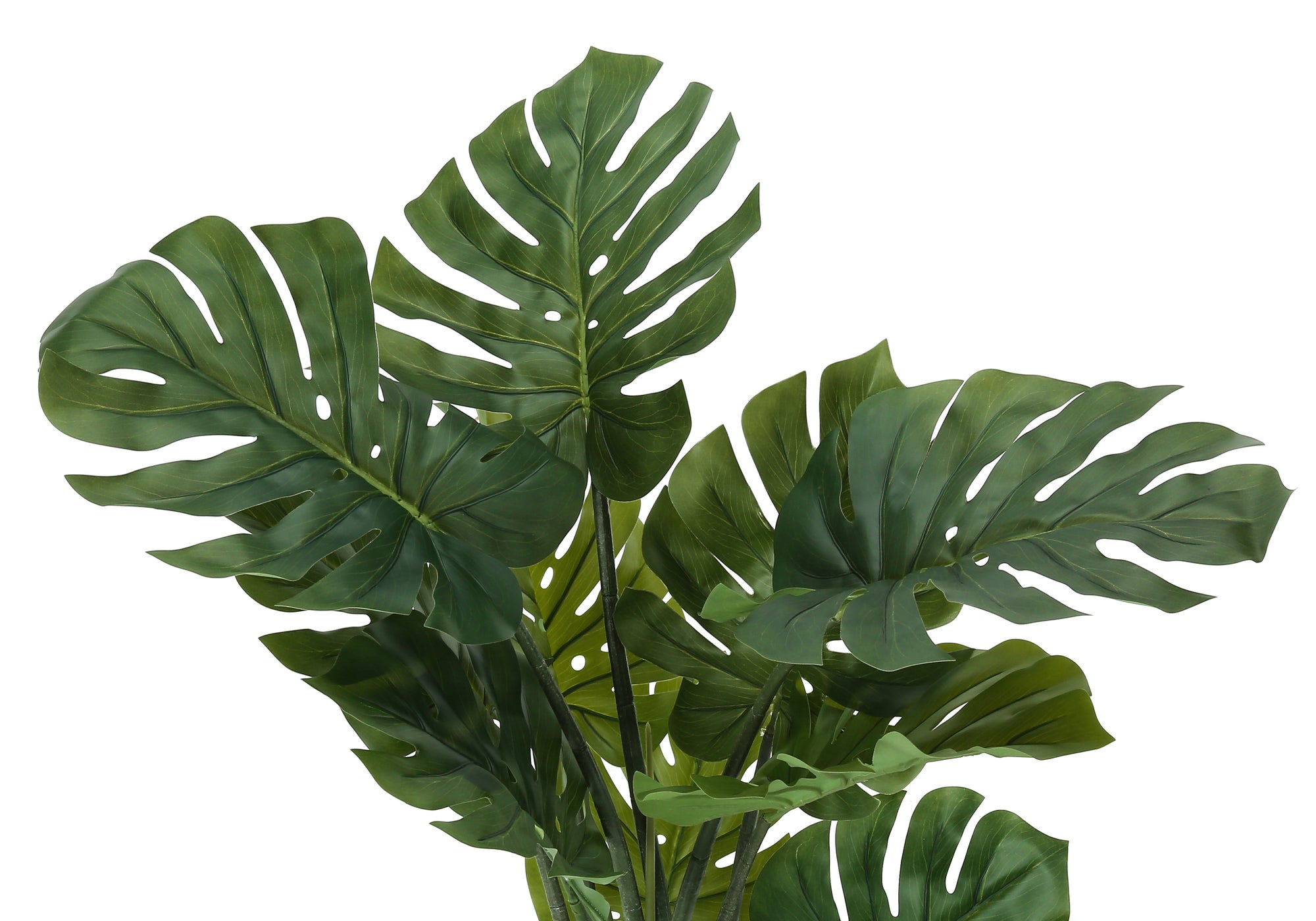 Close-up of a large artificial Monstera plant with deep green, split-leaf foliage against a white background.