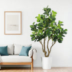 A tall artificial Fiddle Leaf Fig tree in a white pot standing next to a light-colored sofa with teal pillows.