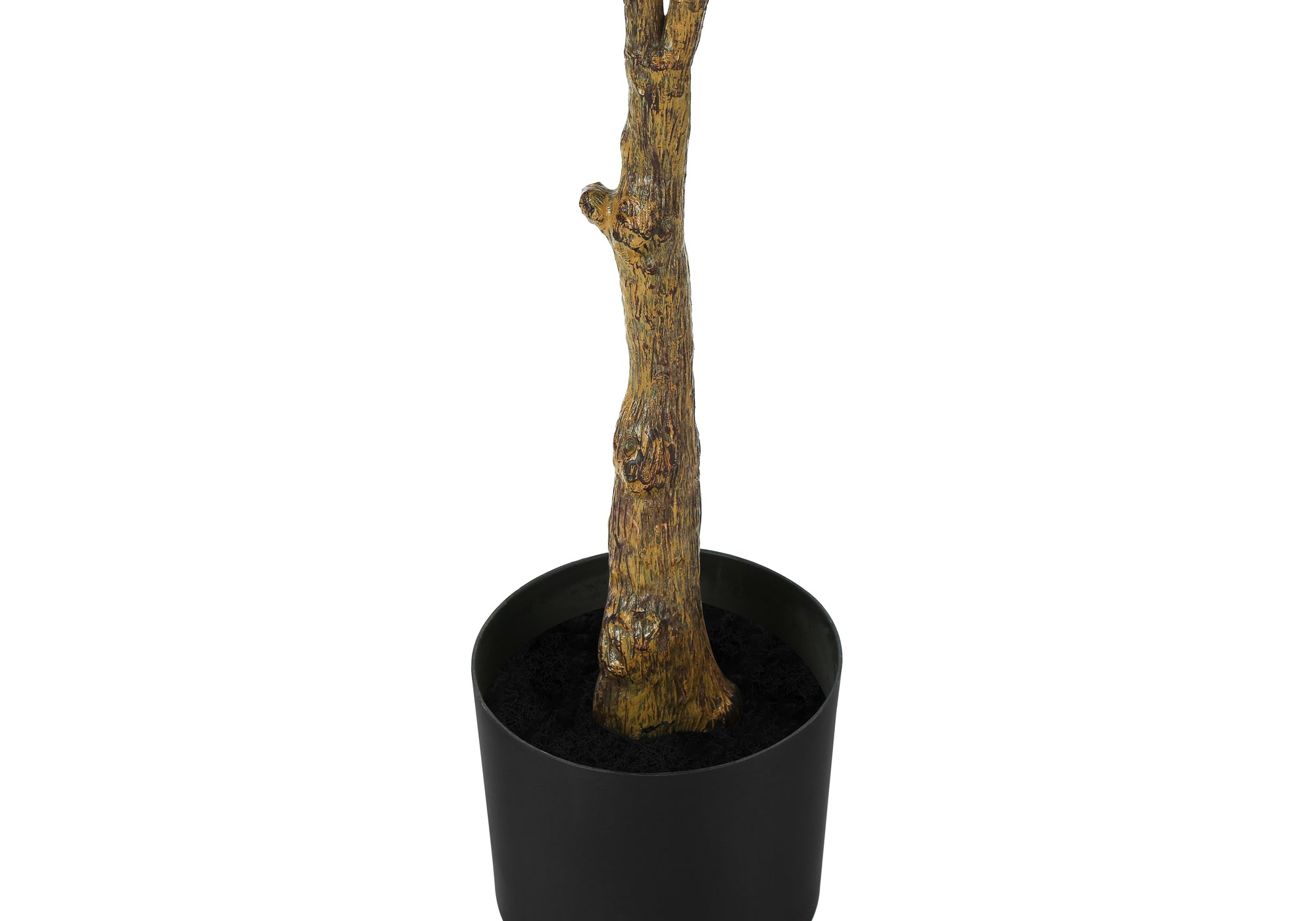 Close-up of the realistic faux plant trunk and black nursery pot base