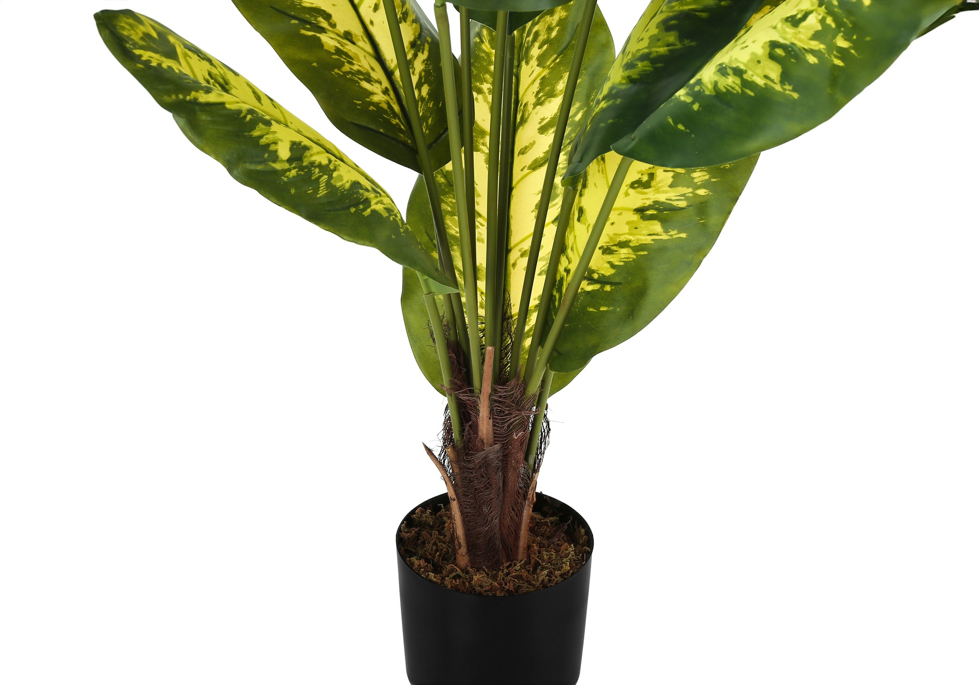 Artificial Dieffenbachia plant with broad, variegated green and yellow leaves in a simple black pot.
