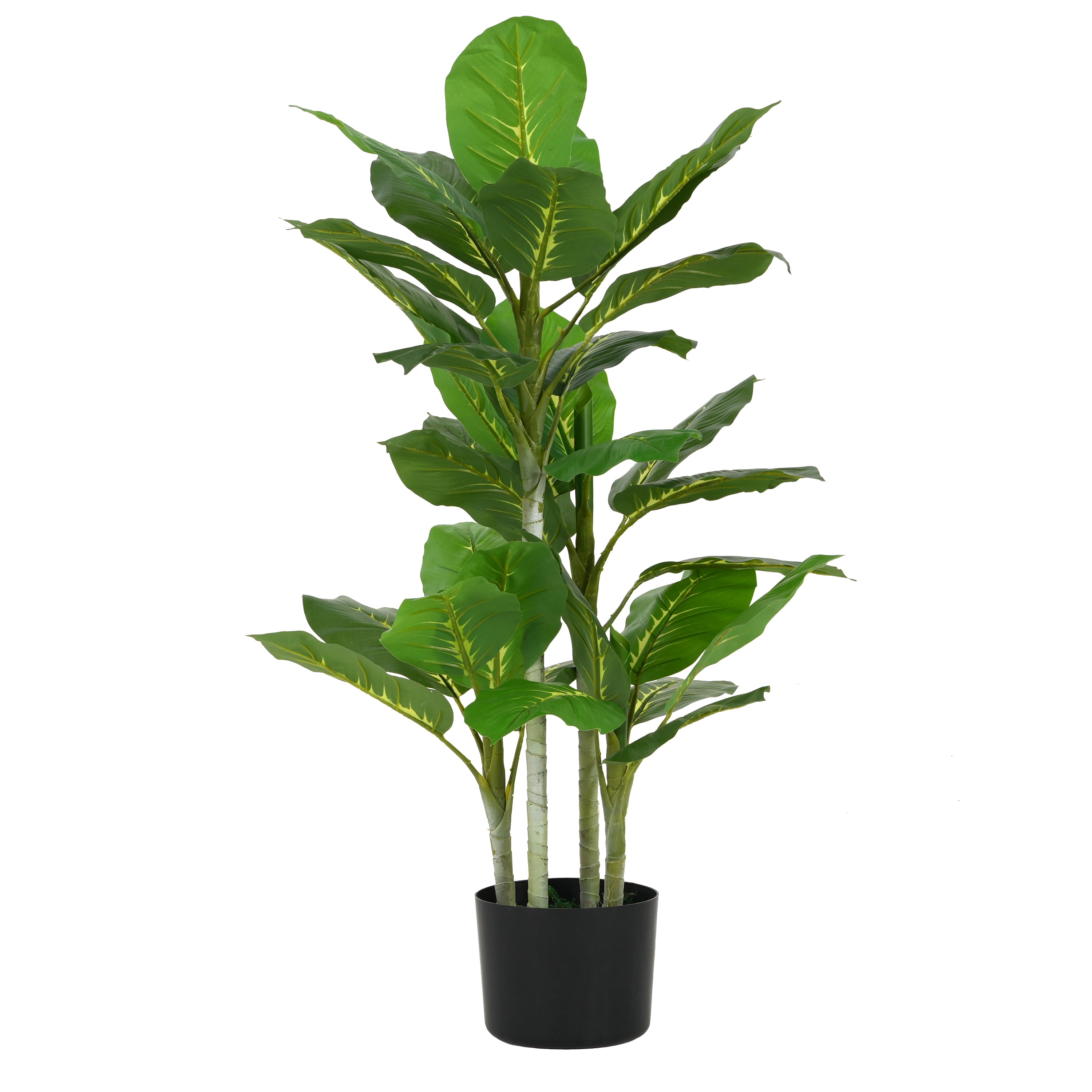 Large artificial Dieffenbachia plant with broad, patterned green leaves in a simple black pot.