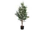 A tall faux acacia tree with slender green leaves and a brown trunk, planted in a simple black pot.