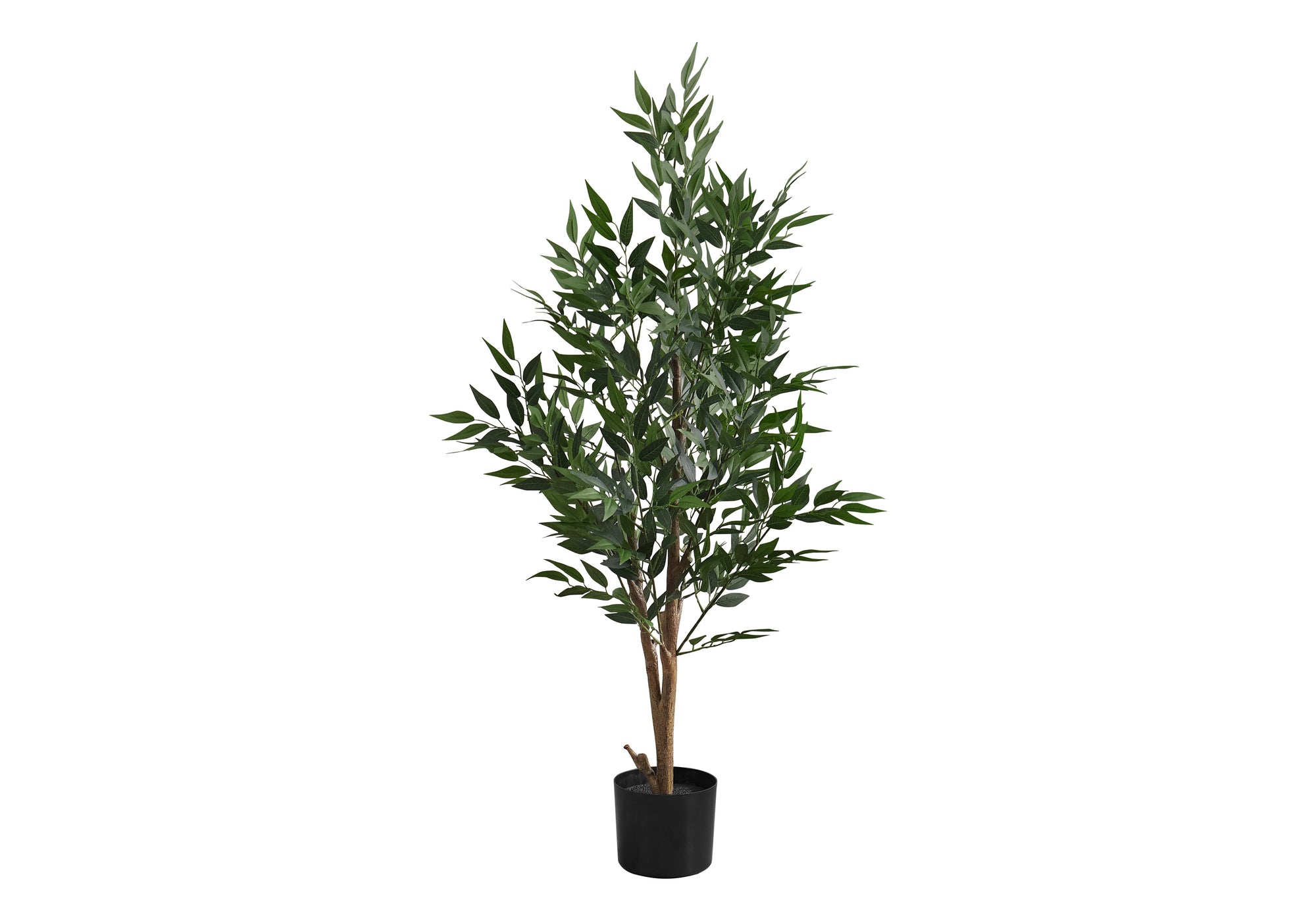 A tall faux acacia tree with slender green leaves and a brown trunk, planted in a simple black pot.