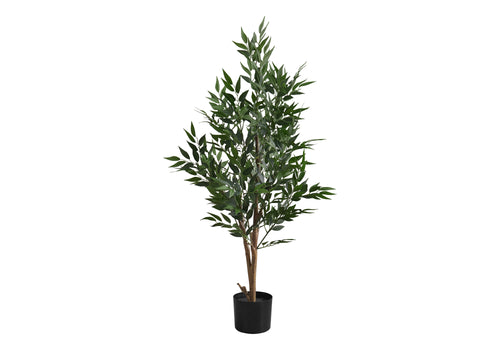 A tall faux acacia tree with slender green leaves and a brown trunk, planted in a simple black pot.