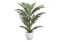 Artificial medium Areca palm tree with long green fronds in a simple white pot against a white background.