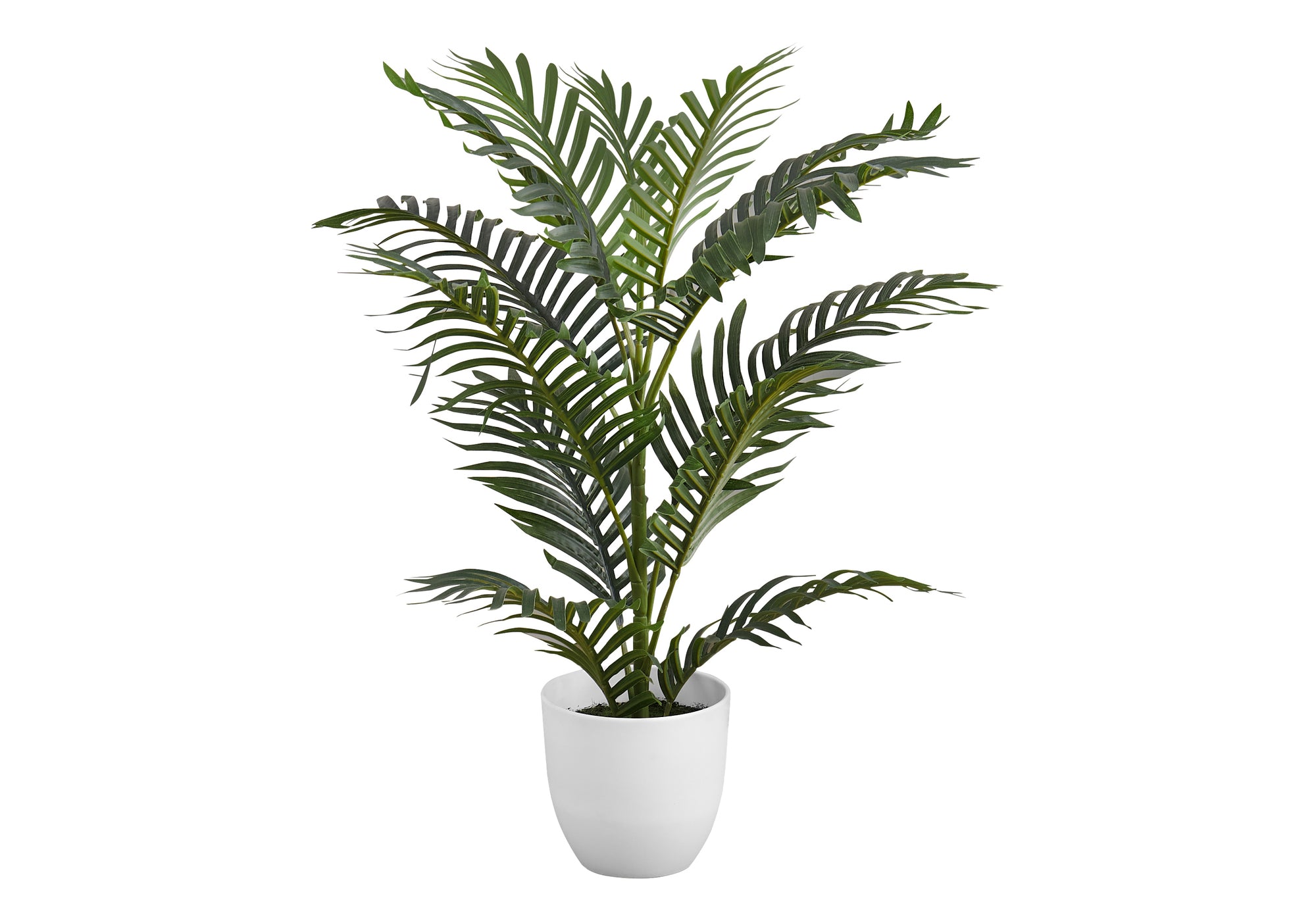 Artificial medium Areca palm tree with long green fronds in a simple white pot against a white background.