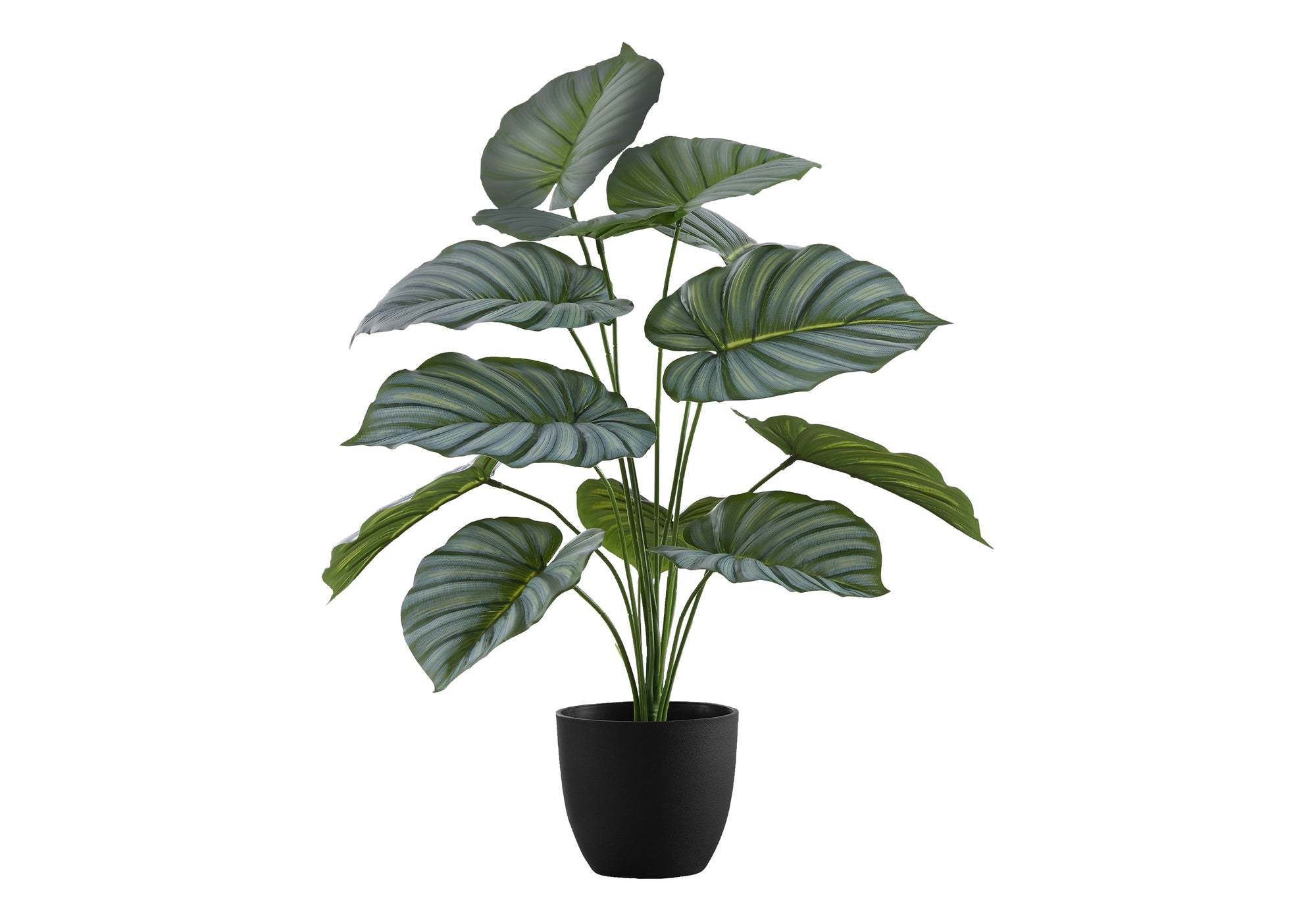 A medium-sized artificial Calathea Orbifolia plant with broad, striped green leaves in a simple black pot.