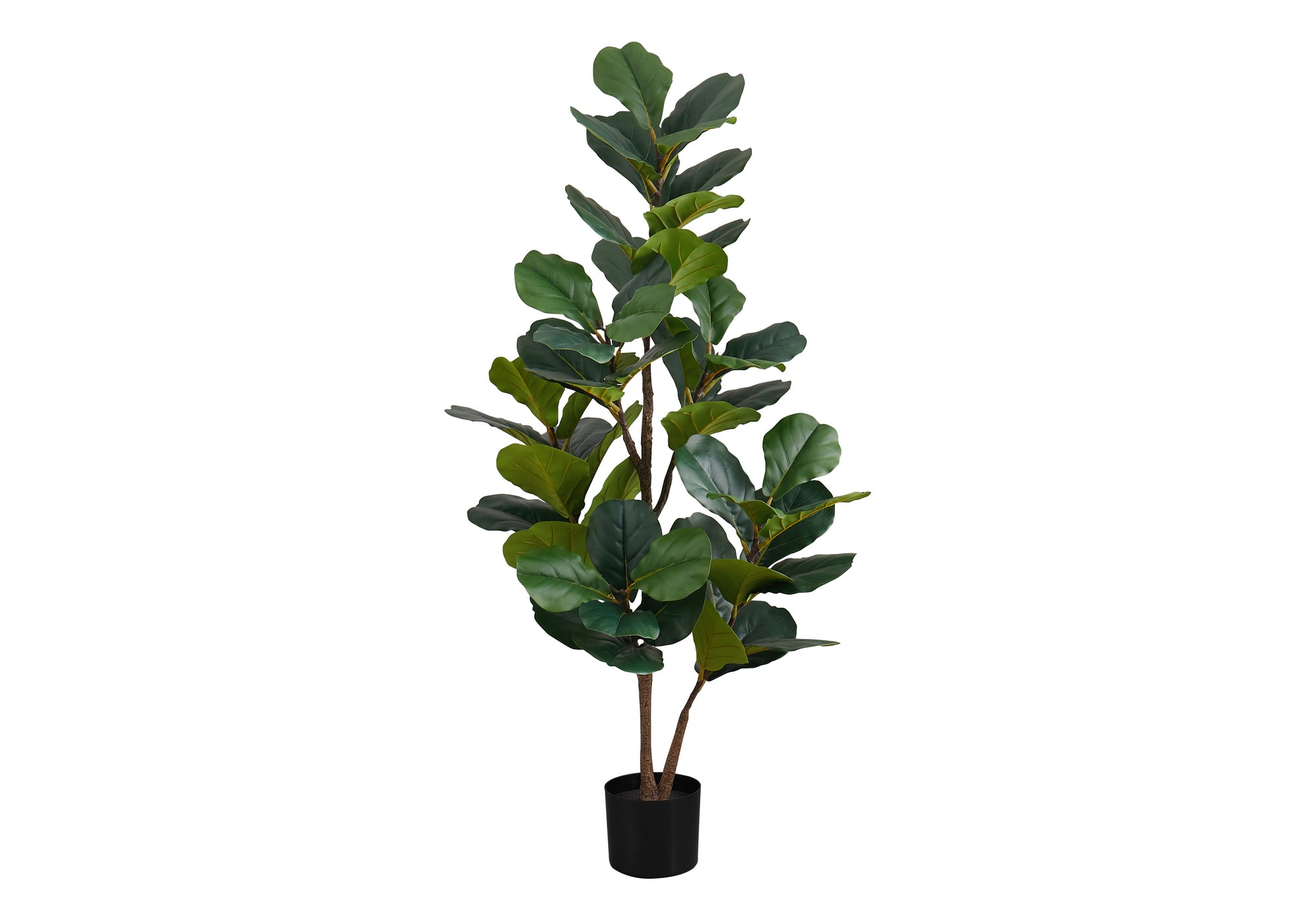 A tall artificial fiddle leaf fig bush with large, dark green leaves in a simple black pot against a white background.