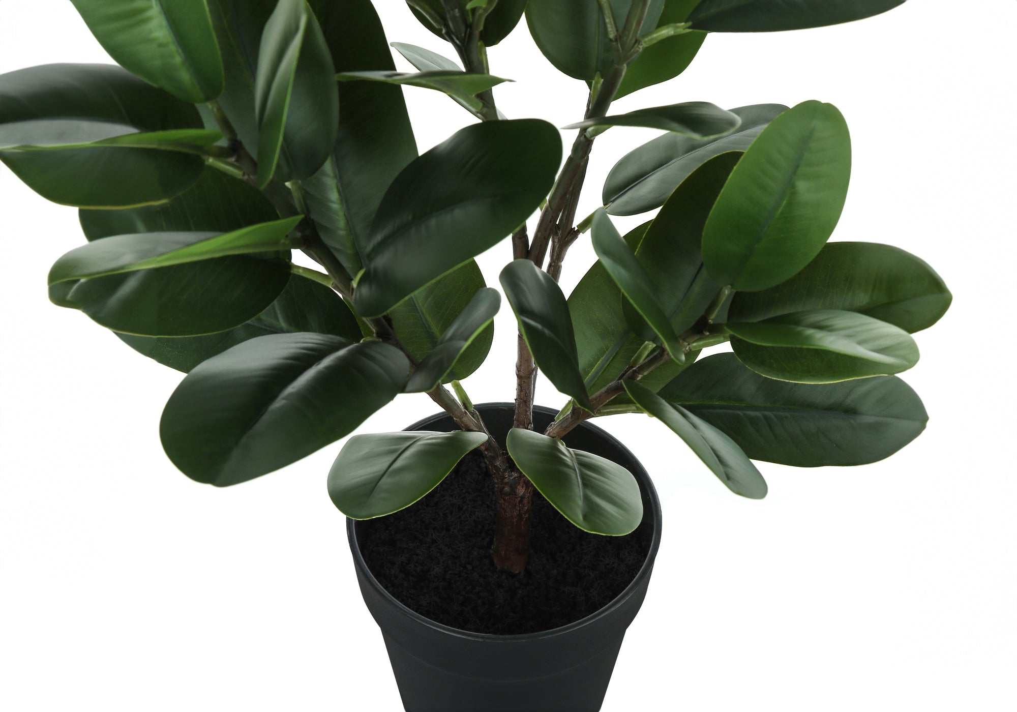 Close-up top view of an artificial Garcinia tree with thick, dark green leaves in a black pot.