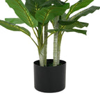 Artificial Dieffenbachia plant with broad, patterned green leaves in a simple black cylindrical pot.