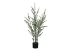 Tall artificial eucalyptus plant with slender stems and small green leaves in a simple black pot against white.