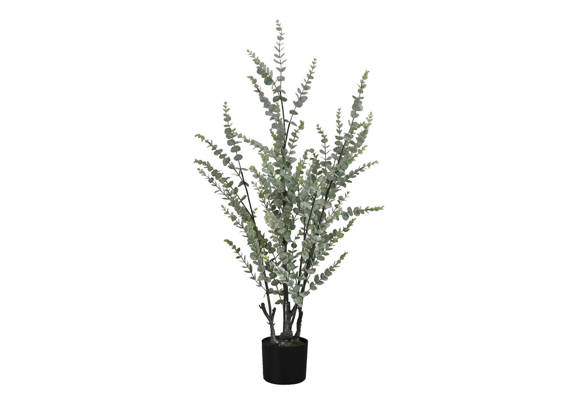 Tall artificial eucalyptus plant with slender stems and small green leaves in a simple black pot against white.